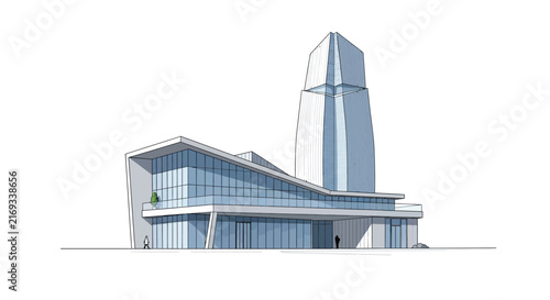 Modern architectural sketch of a futuristic skyscraper and office complex. Minimalist design isolated on white.