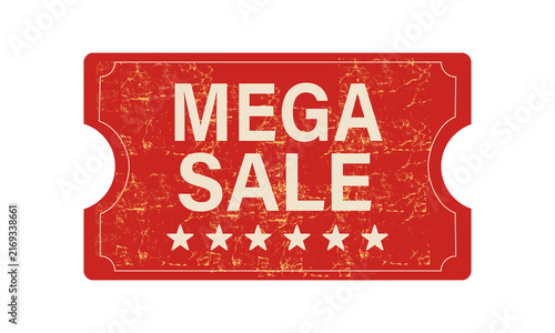 Foto Red vintage ticket with mega sale text and stars isolated on transparent backgro