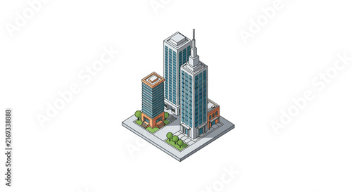 Isometric City Block with Modern Skyscrapers and Urban Architecture