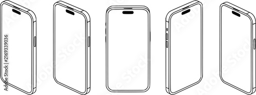 Smartphone mockup vector set featuring generic mobile phone wireframes, multiple isometric angles, blank screen display, linear tech mockup, black line art outlines isolated on white background.
