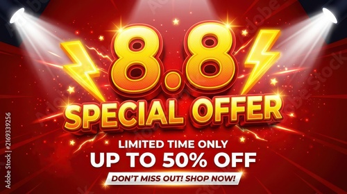88 shopping day sale banner template with 3d text special offer discount promotion on red stage background with spotlights