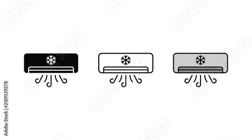 Minimalist vector illustration showing three climate control air conditioner icons with cold snowflake cooling airflow symbols