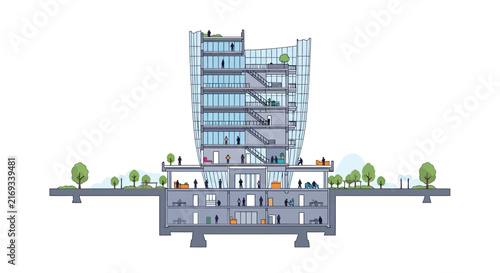 Modern Office Building Cross-Section Cutaway with Workers and Corporate Architecture