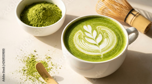 A cup of matcha latte with latte art, green tea powder in a bowl, and a bamboo whisk