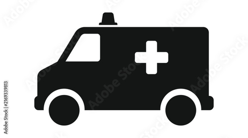 Minimalist ambulance vector graphic icon showing medical emergency vehicle design in bold black flat silhouette style
