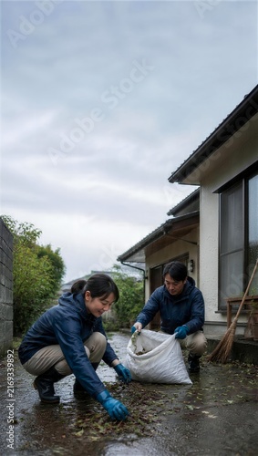 台風後に小枝を片付ける復旧作業