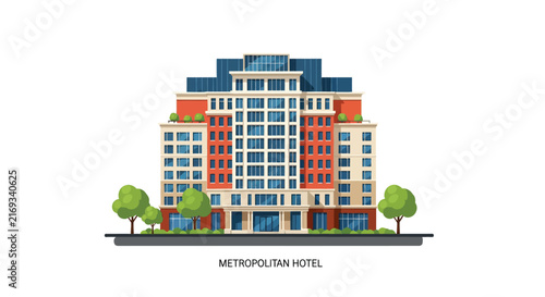 Modern metropolitan hotel building flat vector illustration isolated on white.