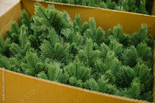 Artificial christmas tree branches packed in cardboard box for holiday decoration