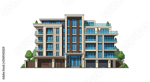 Modern Multi-Story Apartment Building Illustration with Balconies and Glass Facade