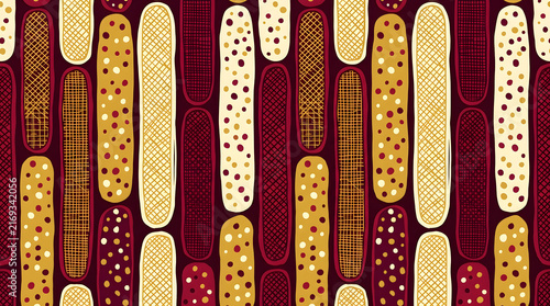 Ethnic tribal seamless pattern background | Aboriginal inspired dot art textile design | Earthy red and yellow geometric fabric print | Abstract vertical pill shape wallpaper