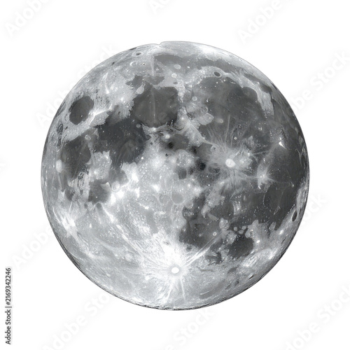 A detailed image of the full moon against a black background showcases its craters and surface texture.