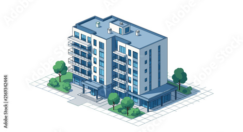 Modern Isometric Apartment Building Illustration with Balconies and Landscaping