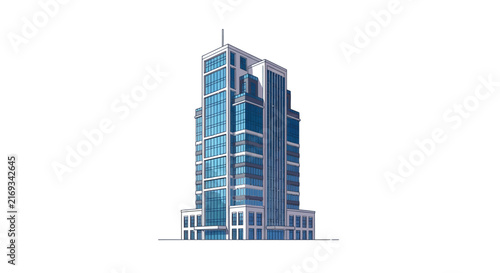 Modern Blue Glass Office Skyscraper Illustration on White Background
