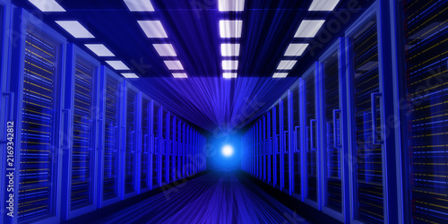 Futuristic AI Supercomputer Data Center with High Speed Digital Network Light Trails. Modern Data Center Server Room with High Performance Cloud Computing Infrastructure