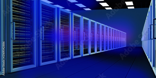 Futuristic AI Supercomputer Data Center with High Speed Digital Network Light Trails. Modern Data Center Server Room with High Performance Cloud Computing Infrastructure