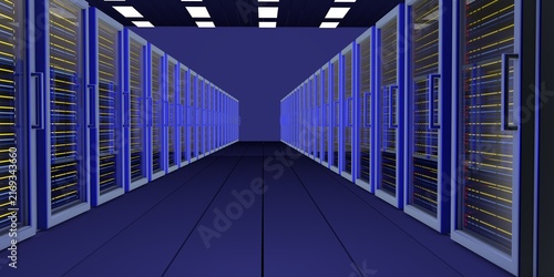Futuristic AI Supercomputer Data Center with High Speed Digital Network Light Trails. Modern Data Center Server Room with High Performance Cloud Computing Infrastructure