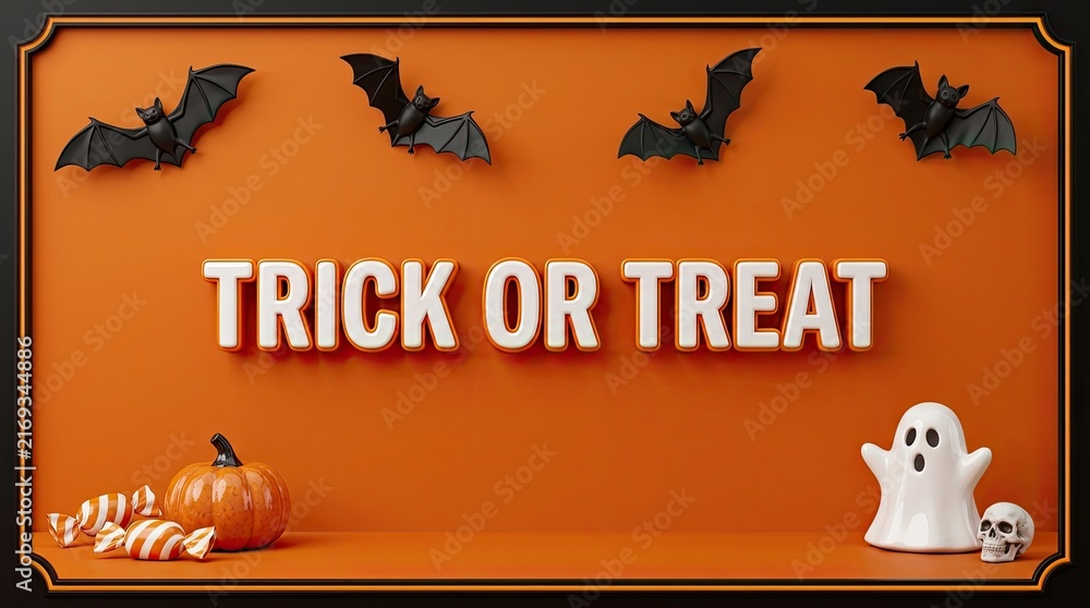 Fototapeta premium Halloween background with trick or treat text bats pumpkin and ghost on an orange surface