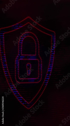 Animation of security padlock over cityscape