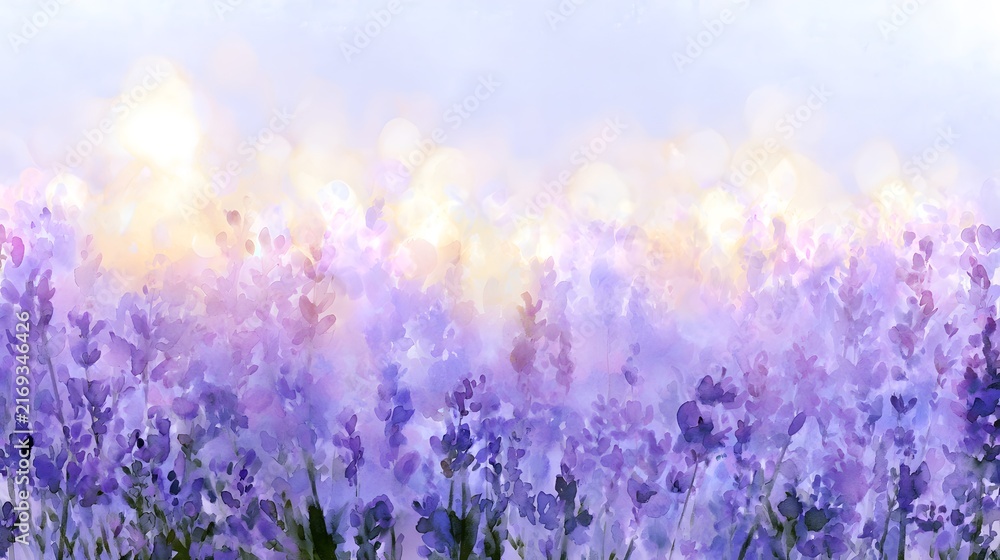 Naklejka premium Dreamy watercolor painting of a blooming lavender field with golden sunlight and soft purple hues