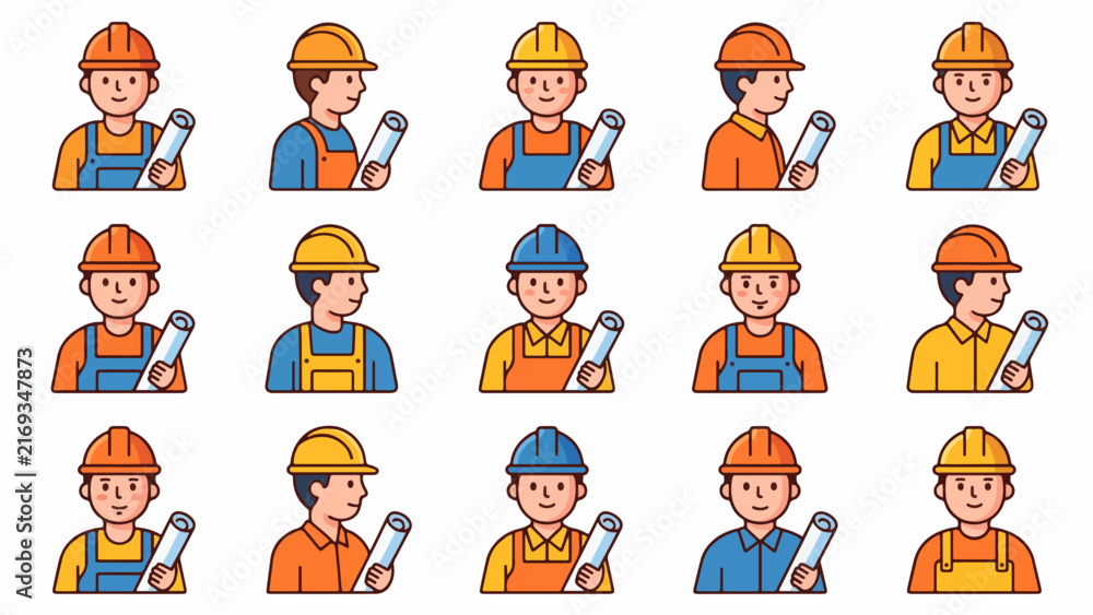 Fototapeta premium Set of construction worker and architect avatars wearing hard hats and holding blueprints in flat vector style