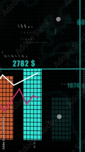 Financial data and currency exchange rates animation over bar and line charts