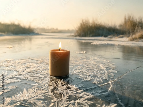 Lit Candle On Thin Ice Of Frozen Pond With Frost Patterns Visible On Surface