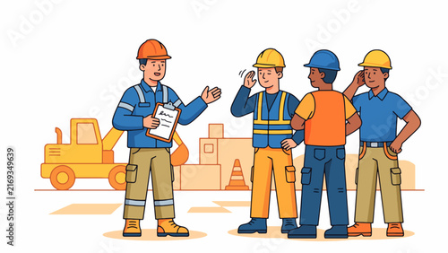 Construction site team safety meeting with professional workers in hard hats and high visibility vests