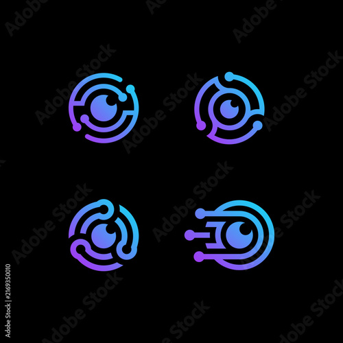 Set of futuristic digital eye icons with neon gradient circular tech circuits for cyber security and artificial intelligence interface design