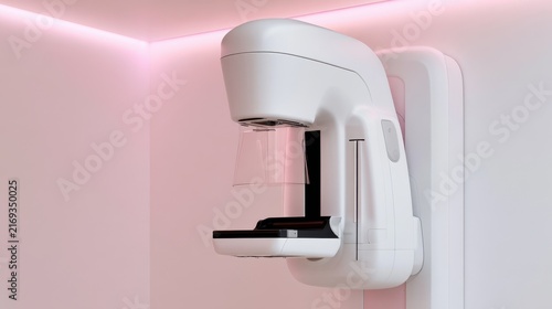 New mammogram machine in a modern clinic with bright lights and clean design