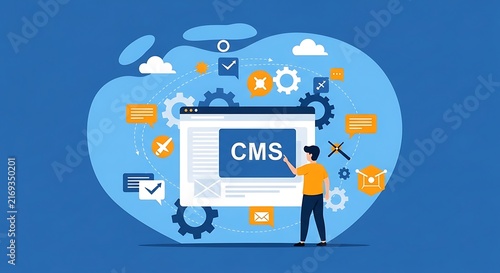 Digital Vector Illustration of a Person Managing Content Management System Workflow