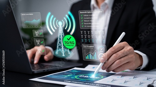 Konstfotografi 5g and 6g network optimization with telecommunications infrastructure, wireless signal monitoring, bandwidth analysis, and high speed data transmission