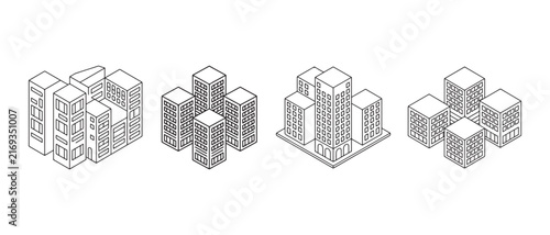 Isometric city building icons set, modern architecture line art for urban planning design.