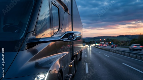 Electric semi truck digital side camera wing mirror on highway at dusk.
