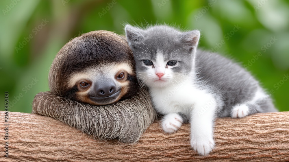 Naklejka premium Adorable baby sloth and cute kitten cuddling on a tree branch