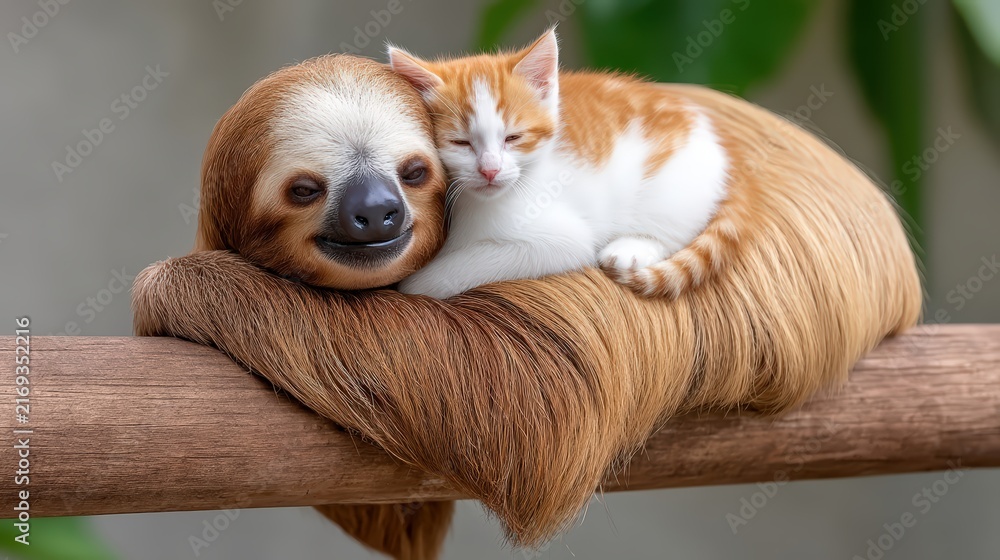 Naklejka premium A cute sloth and a small orange kitten cuddling together on a wooden branch