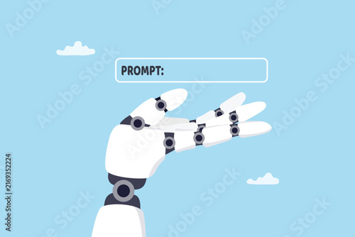 AI Artificial Intelligence prompt command input for generative creation, innovation or assistant with word sentence for computer robot, online generative AI input, robot hand prompt command text box.