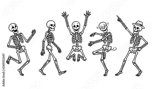 Konstfotografi Funny dancing skeleton Halloween cartoon characters in vintage black ink vector