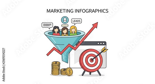 Digital Marketing Strategy Infographic Illustration Featuring Sales Funnel and Target