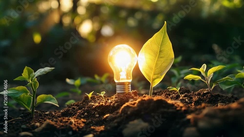 Green Energy Light Bulb with Growing Plants in Nature