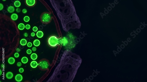 Microscopic view of pancreatic beta cells releasing insulin granules via exocytosis process.
