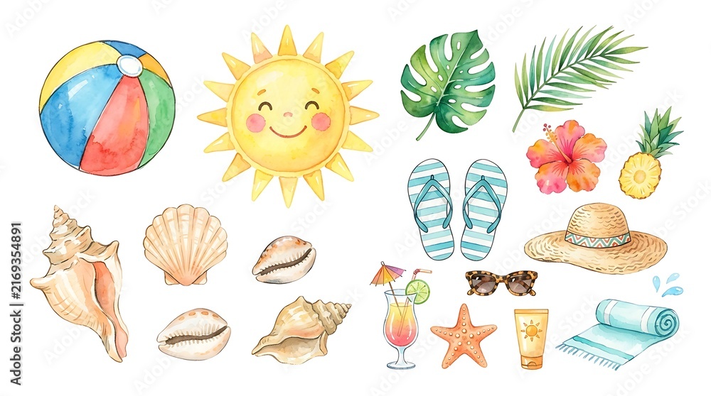 Fototapeta premium Watercolor summer beach vacation elements set isolated on white background