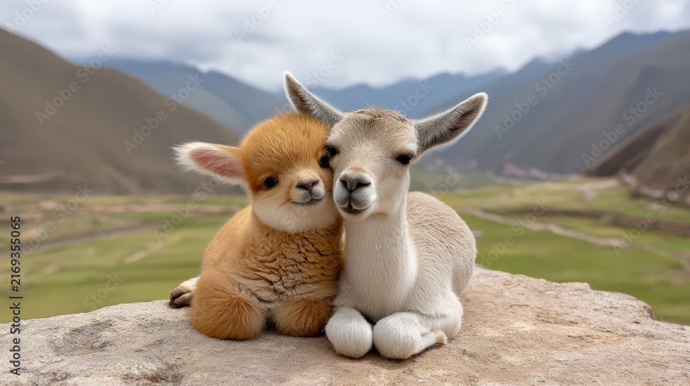 Fototapeta premium Two Cute Baby Alpacas Cuddling in the Andes Mountains
