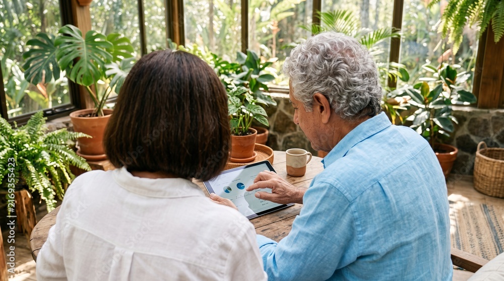 Fototapeta premium Senior couple analyzing financial charts on tablet at home