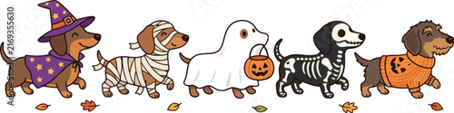 Cute Halloween Dachshund Dogs in Spooky Costumes Cartoon Illustration
