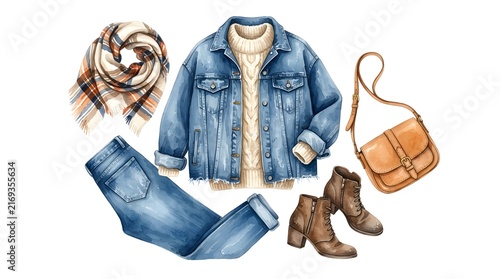 watercolor autumn casual outfit collection isolated on white