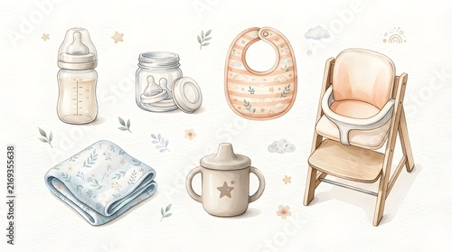 baby feeding essentials watercolor illustration set, cute nursery product collection flat lay