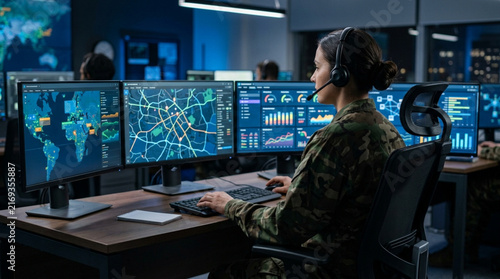 Military intelligence analyst monitors data on multi-screen computer setup in operations center