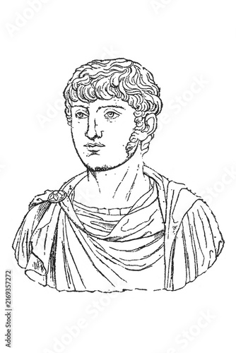 Roman bust of Britannicus with curly hair, dressed in detailed draped garments, showcasing classic ancient style and expression, old vintage illustration, 1894.