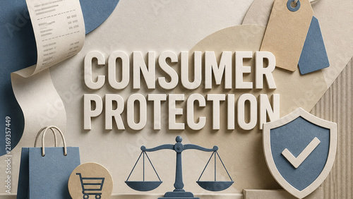 Paper-cut style illustration of consumer protection featuring a shopping bag, receipt, balance scale and security shield in beige and blue tones.