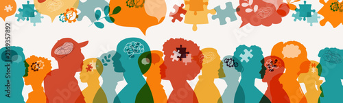 Silhouettes of different people standing together. Colorful banner with the concept of mental health. People who have different things on their minds.